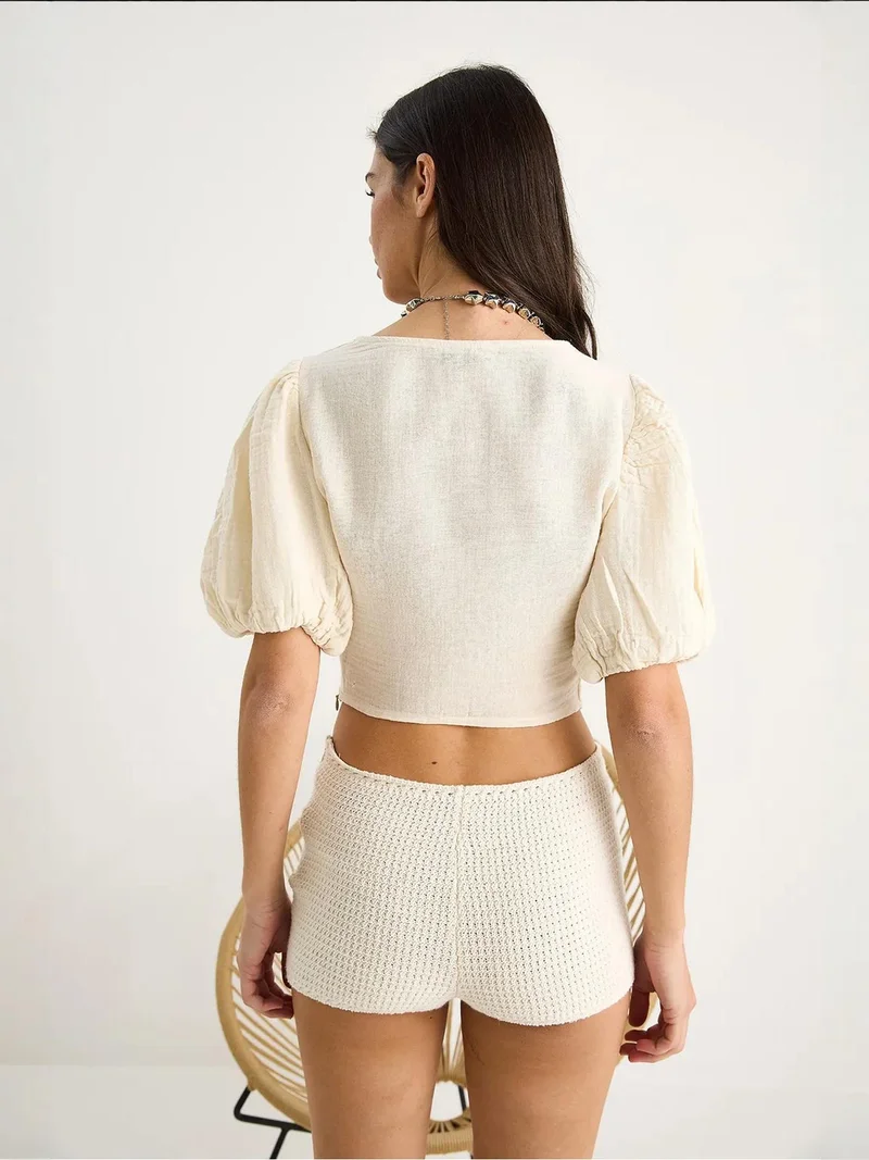 Bianco Lucci Beige Natural LUCCI Textured V-Neck Fitted Crop Blouse with Knitwear Detail for Women | Best Price UAE