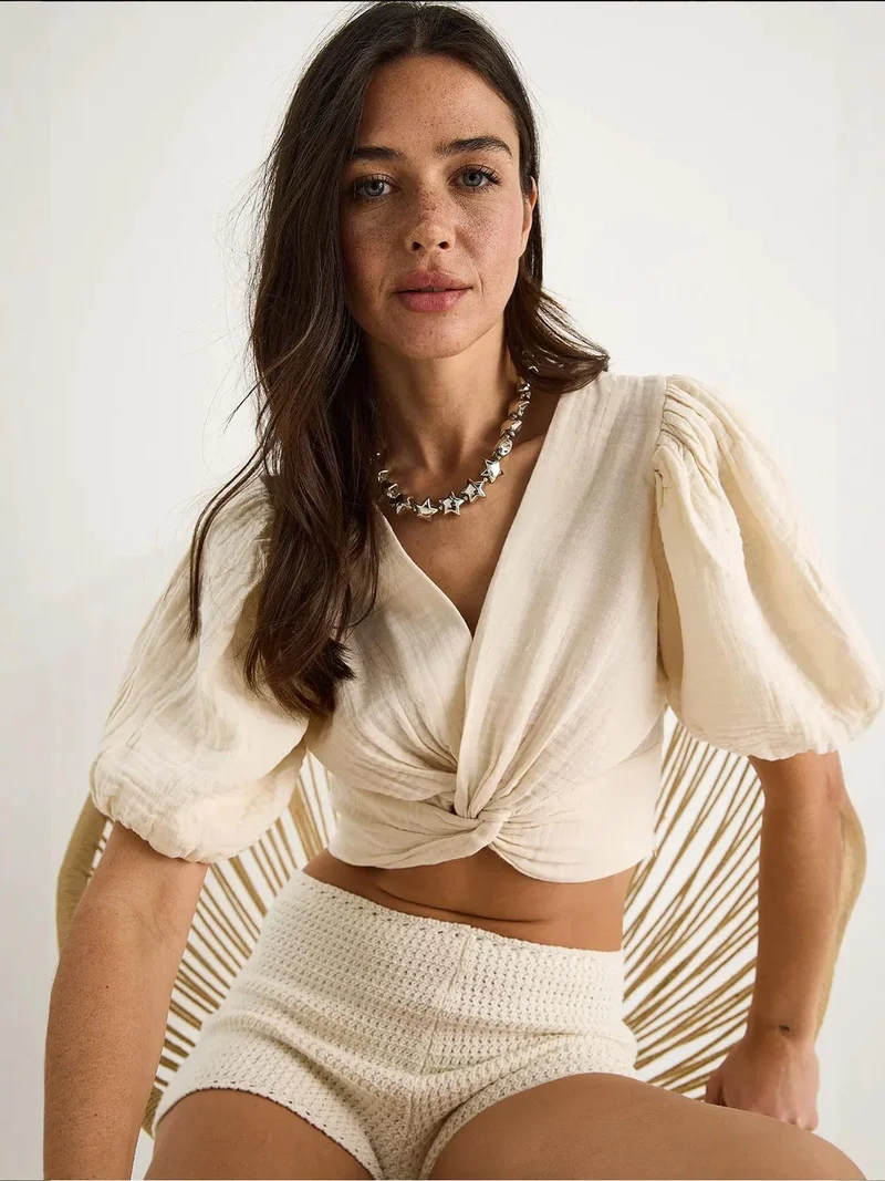 Bianco Lucci Beige Natural LUCCI Textured V-Neck Fitted Crop Blouse with Knitwear Detail for Women | Best Price UAE