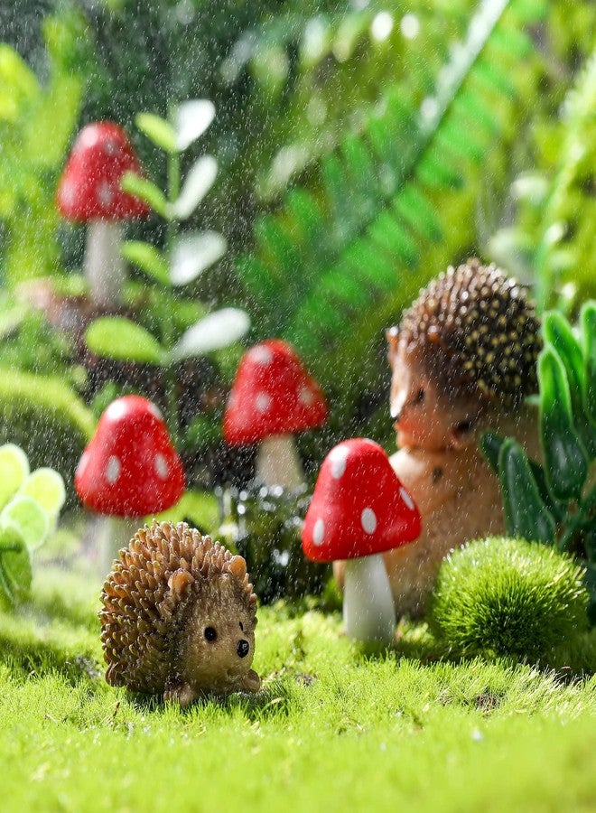 Queekay Resin Hedgehogs & Wood Mushroom Sculpture, Fairy Wild Garden Supplies, 6 Pieces, Red, Handmade Decor - Image 4