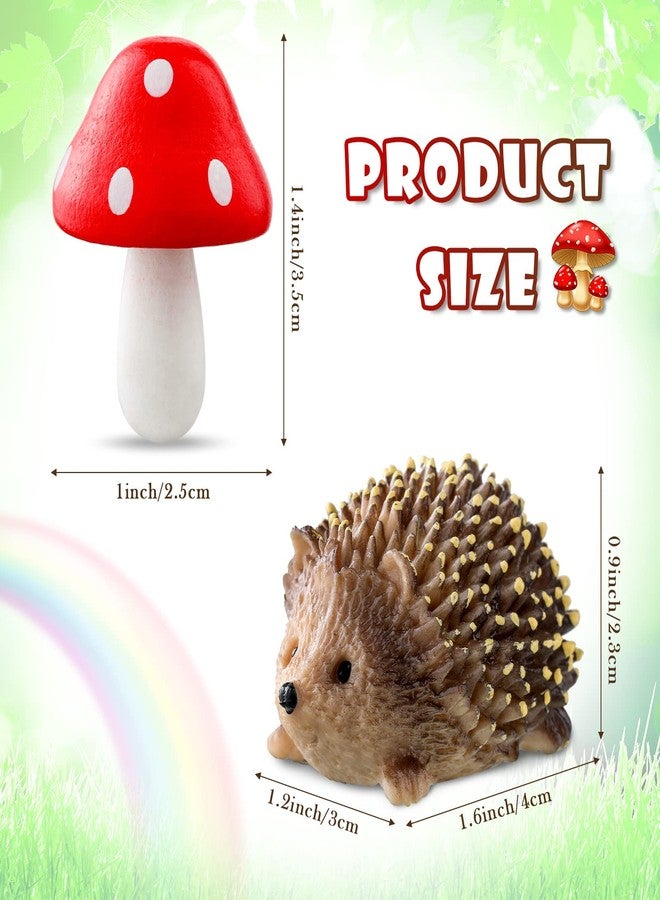 Queekay Resin Hedgehogs & Wood Mushroom Sculpture, Fairy Wild Garden Supplies, 6 Pieces, Red, Handmade Decor - Image 2