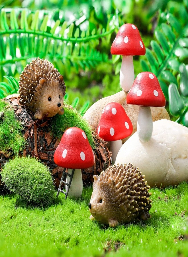 Queekay Resin Hedgehogs & Wood Mushroom Sculpture, Fairy Wild Garden Supplies, 6 Pieces, Red, Handmade Decor - Image 1