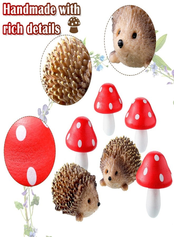 Queekay Resin Hedgehogs & Wood Mushroom Sculpture, Fairy Wild Garden Supplies, 6 Pieces, Red, Handmade Decor - Image 3