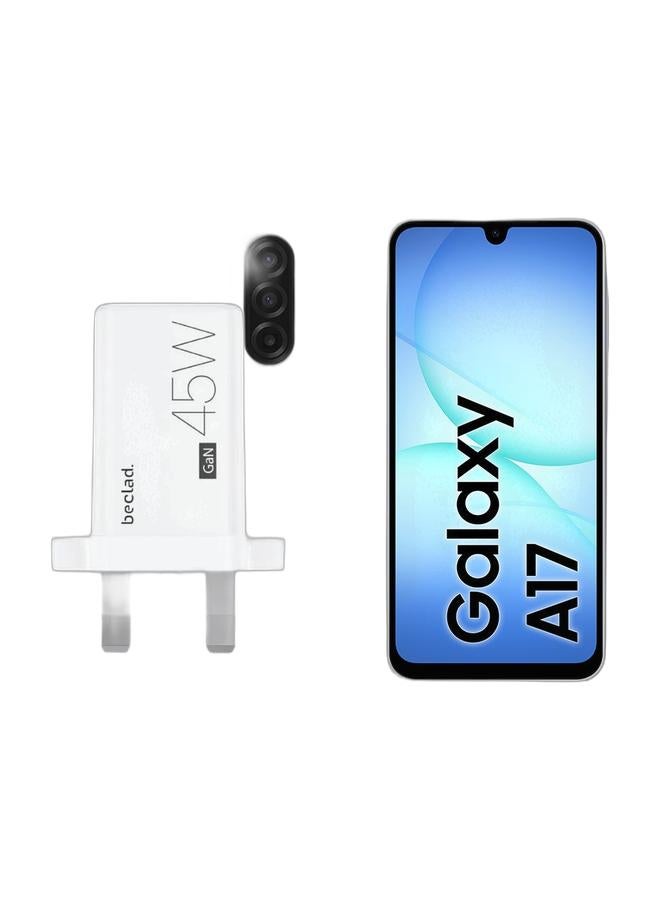 مكسو هاتف جالاكسي A17 ثنائي الشريحة 4G رمادي، ذاكرة وصول عشوائي 4 جيجابايت، سعة 128 جيجابايت - إصدار الشرق الأوسط، مع شاحن حائط سريع GaN 45 واط مع منفذ USB-C - أبيض - Image 1