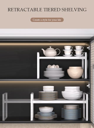 Expandable Countertop Organizer Shelf, movable multifunctional kitchen shelf, spice rack organizer, suitable for kitchen, living room, bathroom, expandable 25cm to 45 cm, white - view 3