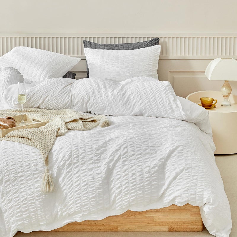 WARMDERN Duvet Cover Set Queen Size 3pcs Washed Microfiber White Bedding Set Soft Breathable Striped Textured Seersucker Duvet Cover with Zipper Closure  Corner TiesWhite Queen
