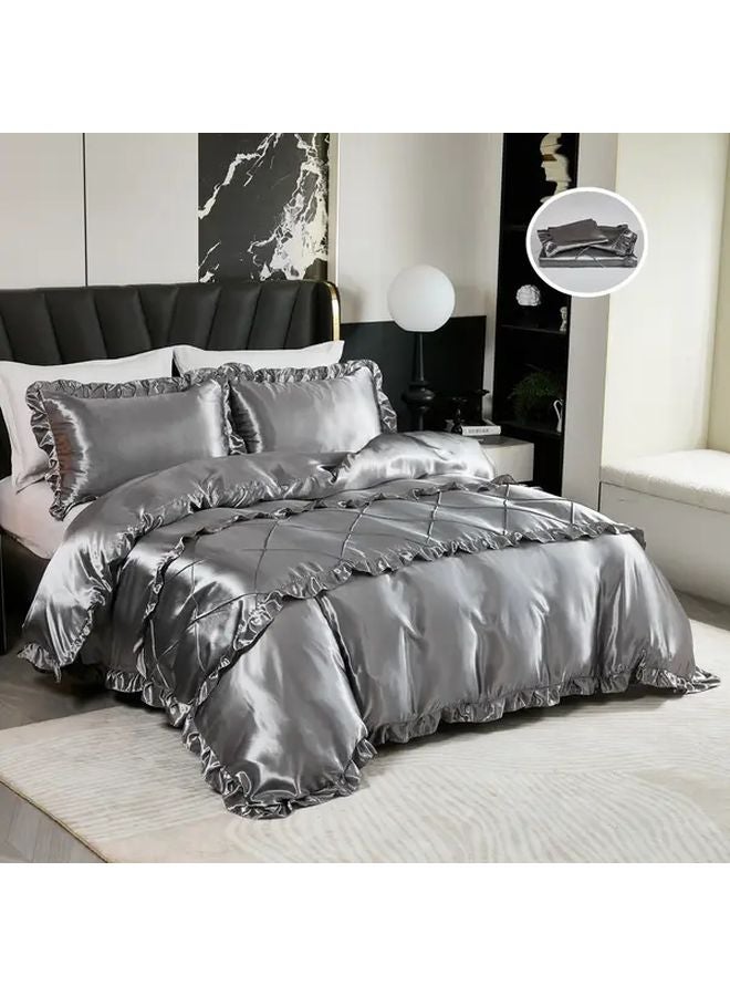 مجموعة غطاء لحاف من الساتان البوليستر المخطط بالماس باللون الرمادي 80G، 3 قطع، 78.74 × 78.74 - Image 2