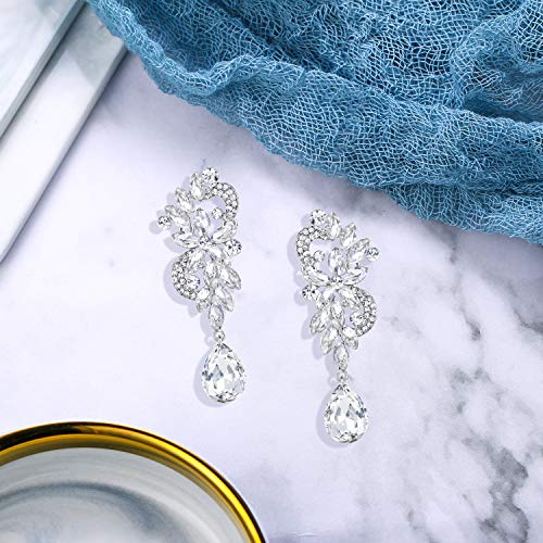 BriLove Women's Wedding Bridal Dangle Earrings Bohemian Boho Crystal Flower Chandelier Teardrop Bling Jewelry Clear Silver-Tone - Image 5