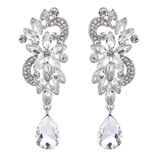 BriLove Women's Wedding Bridal Dangle Earrings Bohemian Boho Crystal Flower Chandelier Teardrop Bling Jewelry Clear Silver-Tone - Image 1