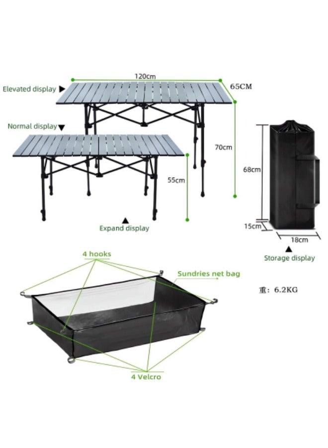 Large Folding Camping Table, Adjustable Height, Lightweight and Portable Aluminum Hexagonal Legs Folding Outdoor Table with Mesh Layer, 120*55*70cm Black - Image 3