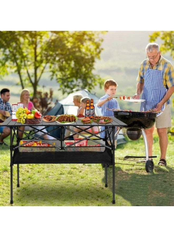 Large Folding Camping Table, Adjustable Height, Lightweight and Portable Aluminum Hexagonal Legs Folding Outdoor Table with Mesh Layer, 120*55*70cm Black - Image 2