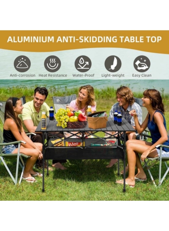 Large Folding Camping Table, Adjustable Height, Lightweight and Portable Aluminum Hexagonal Legs Folding Outdoor Table with Mesh Layer, 120*55*70cm Black - Image 4