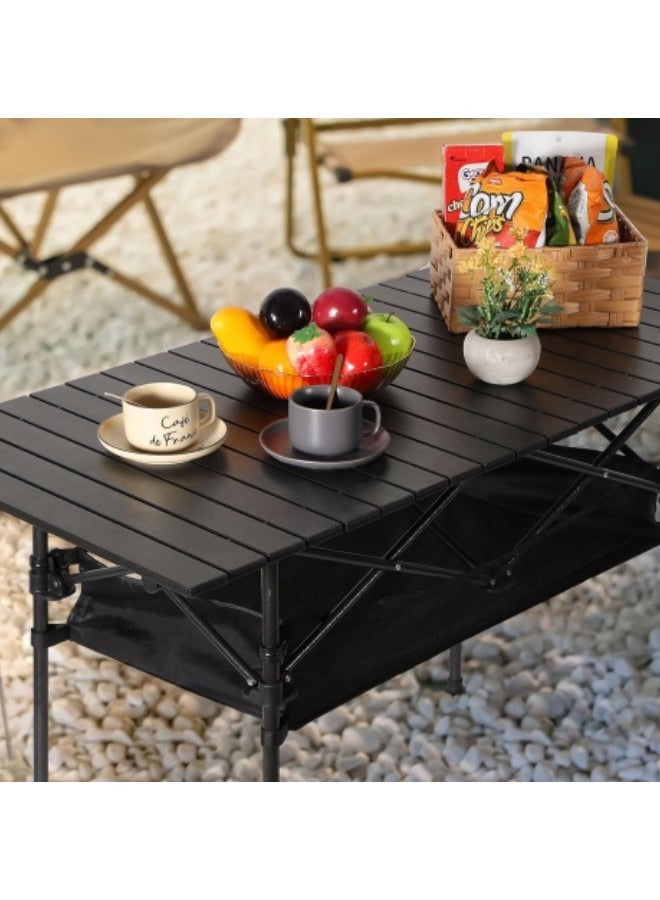Large Folding Camping Table, Adjustable Height, Lightweight and Portable Aluminum Hexagonal Legs Folding Outdoor Table with Mesh Layer, 120*55*70cm Black - Image 5