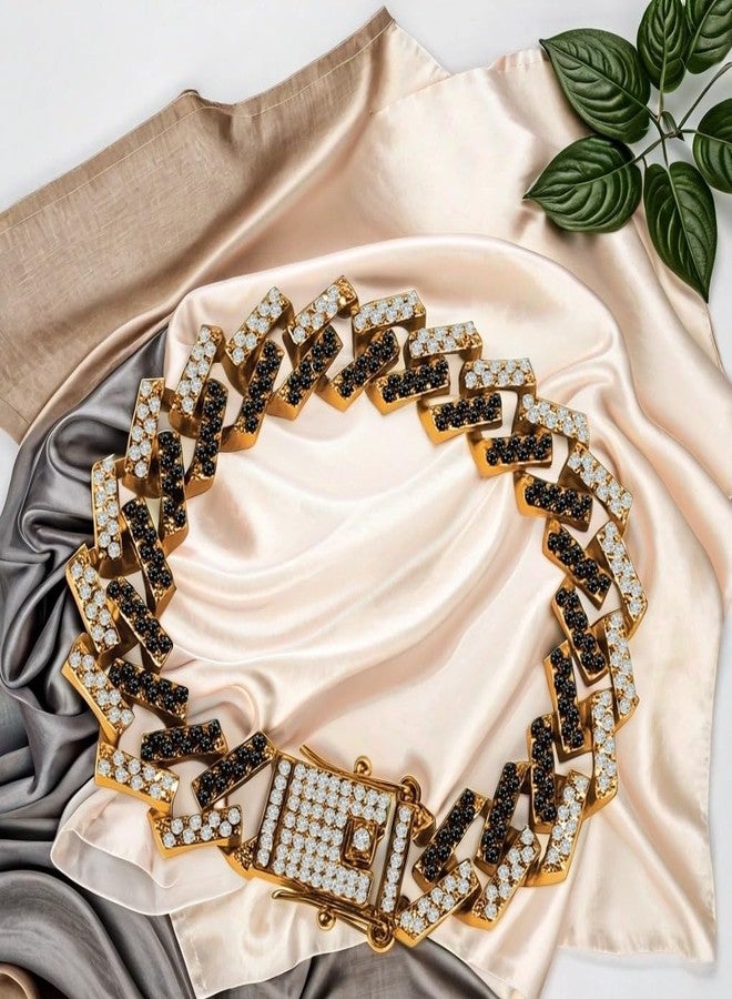 De-Autocare Golden (15mm Wide) Stainless Steel Crystal Diamond/Nug Studded Curb Miami Cuban Link Thick Moissanite Chain Funky Punk MC Stan Hip Hop Iced Out Rhinestone Bling Wrist Hand Cuff Bracelets - Image 3