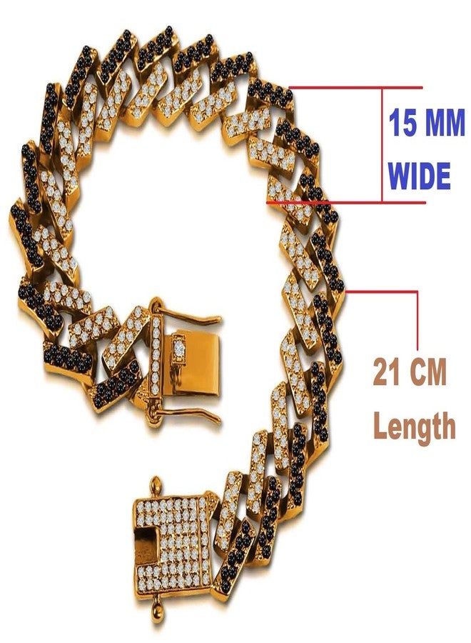 De-Autocare Golden (15mm Wide) Stainless Steel Crystal Diamond/Nug Studded Curb Miami Cuban Link Thick Moissanite Chain Funky Punk MC Stan Hip Hop Iced Out Rhinestone Bling Wrist Hand Cuff Bracelets - Image 2