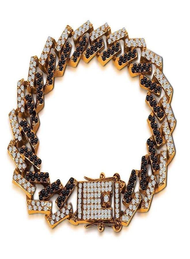 De-Autocare Golden (15mm Wide) Stainless Steel Crystal Diamond/Nug Studded Curb Miami Cuban Link Thick Moissanite Chain Funky Punk MC Stan Hip Hop Iced Out Rhinestone Bling Wrist Hand Cuff Bracelets - Image 1
