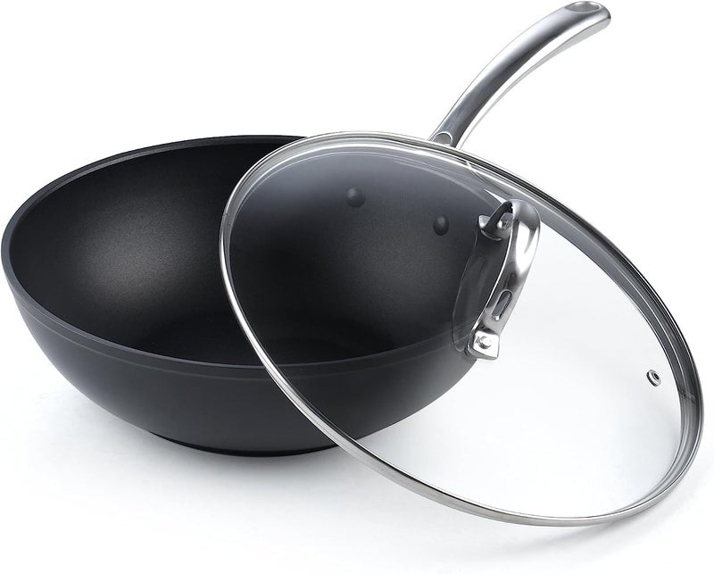 Cooks Standard Nonstick StirFry Wok Pan 11Inch Hard Anodized Deep Frying Pan with Glass Lid Flat Bottom Black