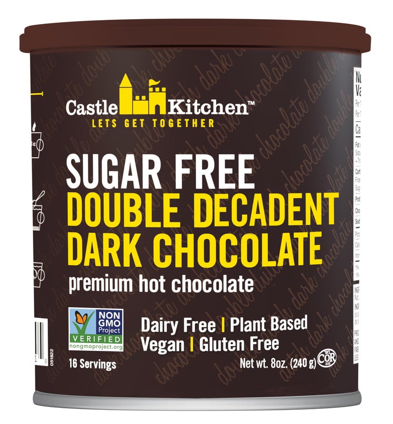Castle Kitchen Sugar Free Double Decadent Dark Hot Chocolate - Premium Plant Based, Dairy Free, Gluten-Free Vegan Hot Coca Mix - Just Add Water - 14 oz Can - Image 1