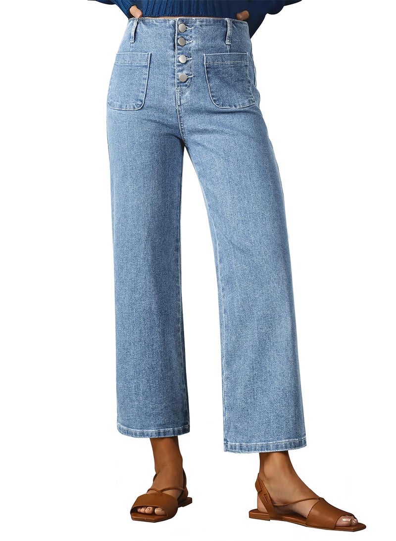 Sidefeel Women's Jeans High Waisted Wide Leg Stretchy Zimbaplatinum Straight Leg Jeans Buttoned Loose Denim Pants with Pocket Blue Size 12 - Image 1