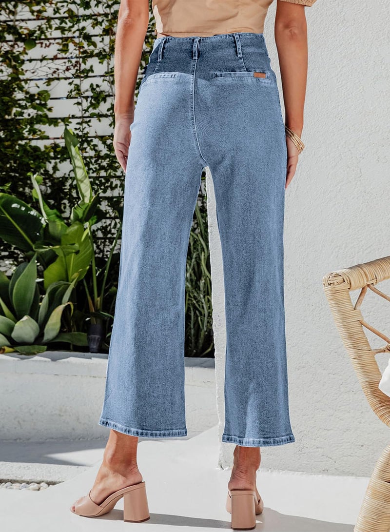 Sidefeel Women's Jeans High Waisted Wide Leg Stretchy Zimbaplatinum Straight Leg Jeans Buttoned Loose Denim Pants with Pocket Blue Size 12 - Image 4