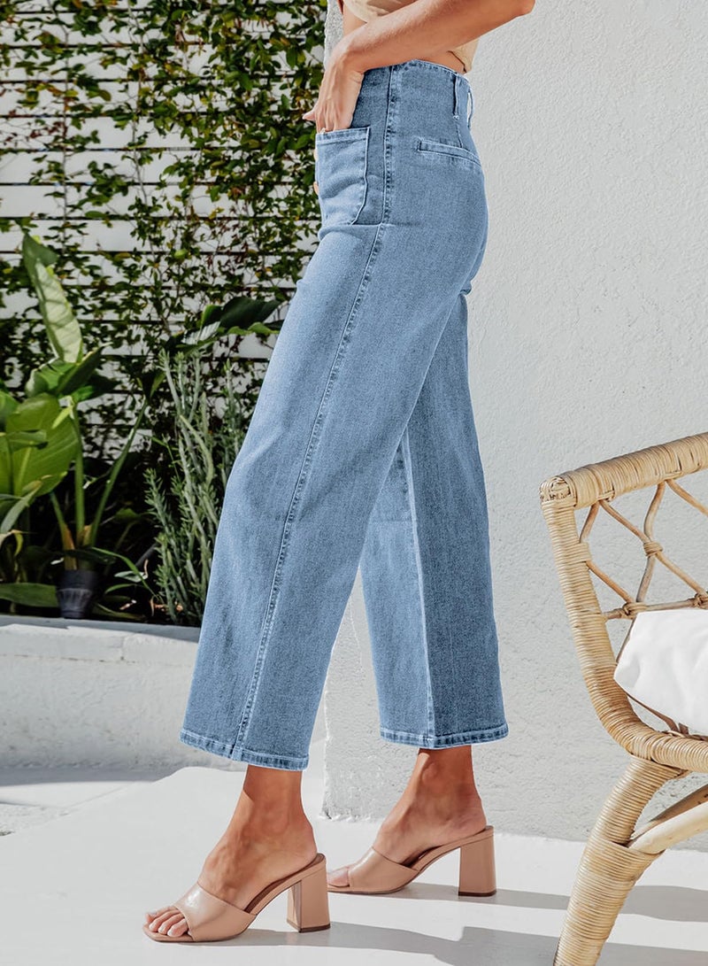 Sidefeel Women's Jeans High Waisted Wide Leg Stretchy Zimbaplatinum Straight Leg Jeans Buttoned Loose Denim Pants with Pocket Blue Size 12 - Image 3