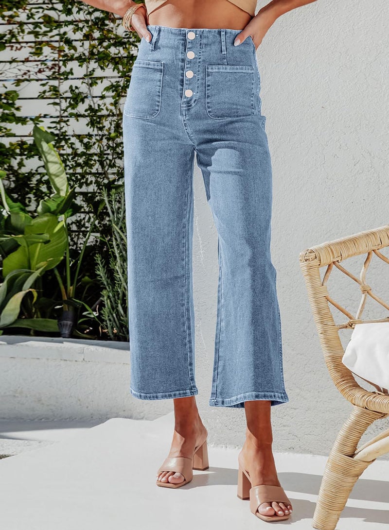 Sidefeel Women's Jeans High Waisted Wide Leg Stretchy Zimbaplatinum Straight Leg Jeans Buttoned Loose Denim Pants with Pocket Blue Size 12 - Image 2