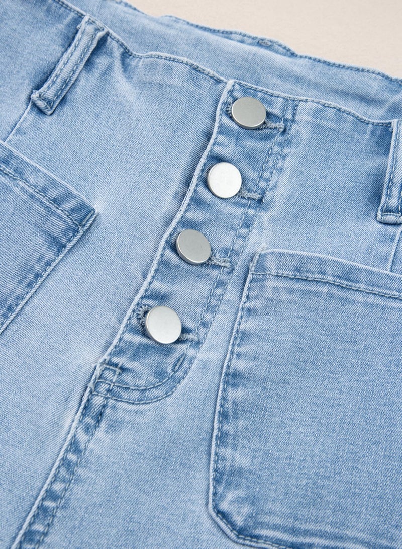 Sidefeel Women's Jeans High Waisted Wide Leg Stretchy Zimbaplatinum Straight Leg Jeans Buttoned Loose Denim Pants with Pocket Blue Size 12 - Image 5