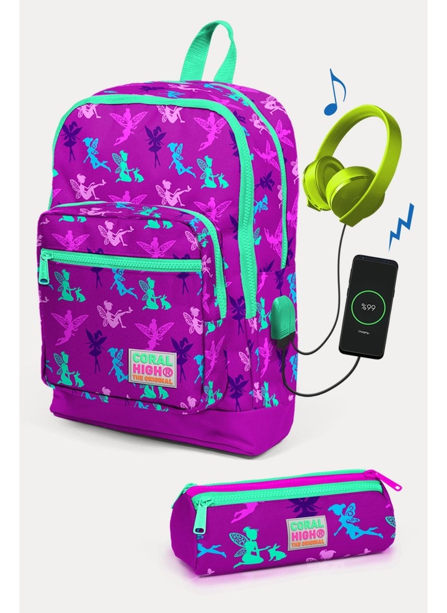 CORAL HIGH - Kids Dark Pink Water Green Fairy Patterned USB 2-Piece School Bag Set SET0223274 - Image 1