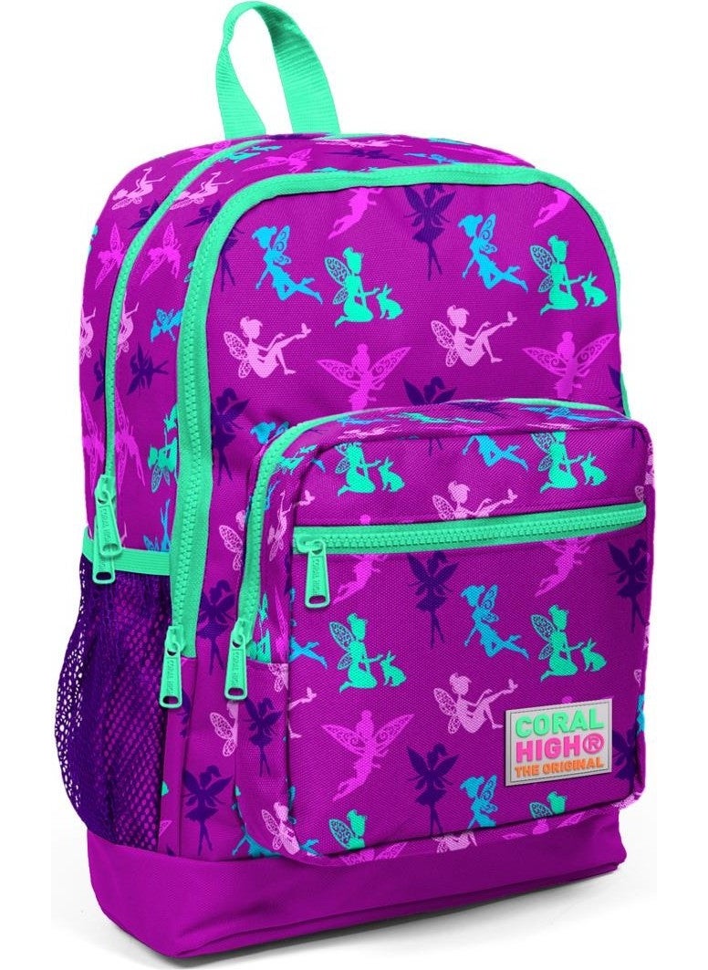 CORAL HIGH - Kids Dark Pink Water Green Fairy Patterned USB 2-Piece School Bag Set SET0223274 - Image 1