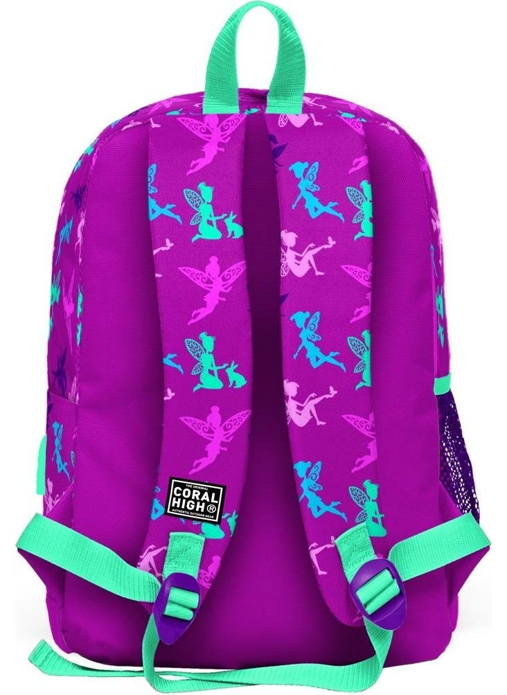 CORAL HIGH - Kids Dark Pink Water Green Fairy Patterned USB 2-Piece School Bag Set SET0223274 - Image 1