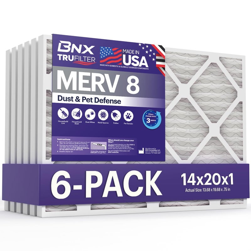 BNX TruFilter 14x20x1 Air Filter MERV 8 6Pack MADE IN USA Dust Pet Defense Electrostatic Pleated Air Conditioner HVAC AC Furnace Filters for Dust Pet Mold Pollen MPR 600 700 FPR 5