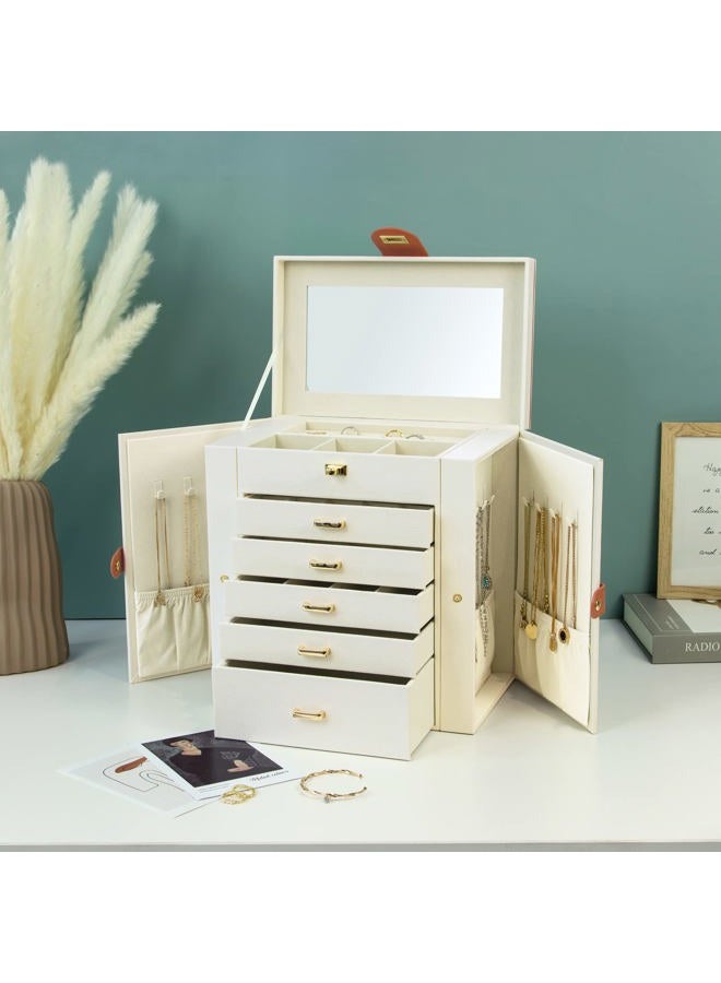 KAMIER Jewellery Box for Women Large 6 Tier Jewellery Box with Mirror and 5 Drawers for Rings, Earrings, Necklaces, Bracelets, White - Image 2