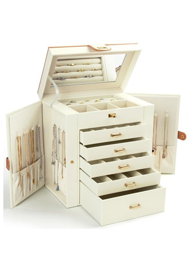 KAMIER Jewellery Box for Women Large 6 Tier Jewellery Box with Mirror and 5 Drawers for Rings, Earrings, Necklaces, Bracelets, White - Image 1