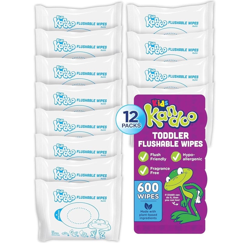 Kandoo Flushable Wipes for Baby and Kids by , Sensitive and Unscented Formula, Hypoallergenic Potty Training Wet Cleansing Cloths, 50 Count, Pack of 12 - Image 1