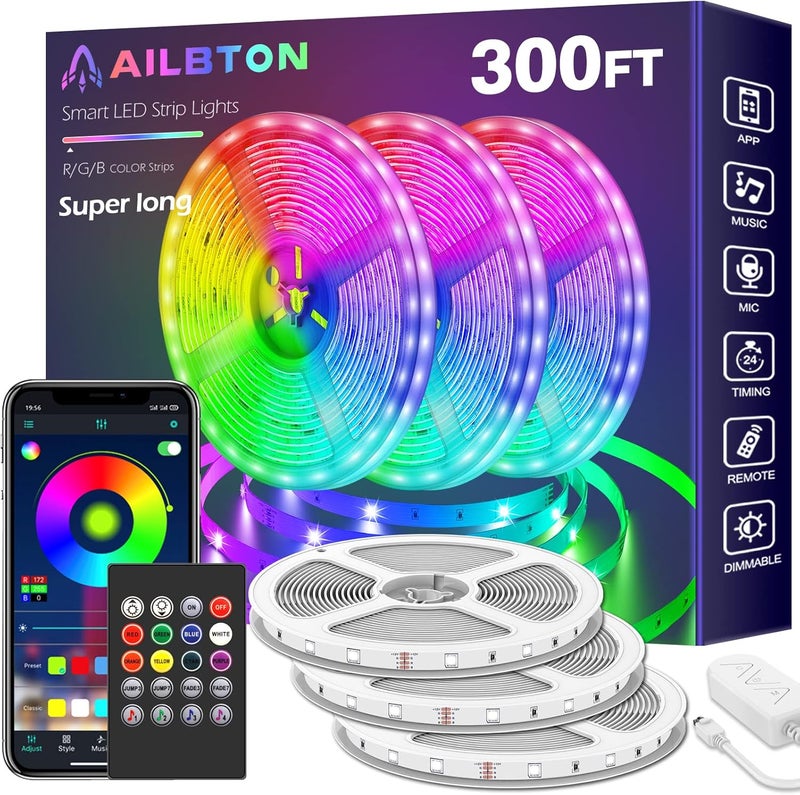AILBTON 300ft Led Strip Lights(3 Rolls of 100ft led Lights) Ultra Long Led Light Strip with App Voice Control Remote,5050 RGB Music Sync Color Changing Led Lights for Bedroom,Party,Home Decoration - Image 1