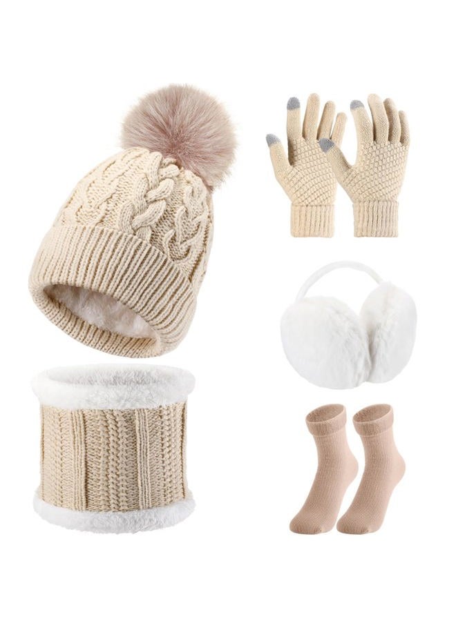 Satinior 5 Pcs Winter Hat Scarf Gloves Set Knit Beanie Pompom Hat Warm Touch Screen Gloves Earmuff Warmer Stocking for Women(Beige,Vivid Style) - Image 1