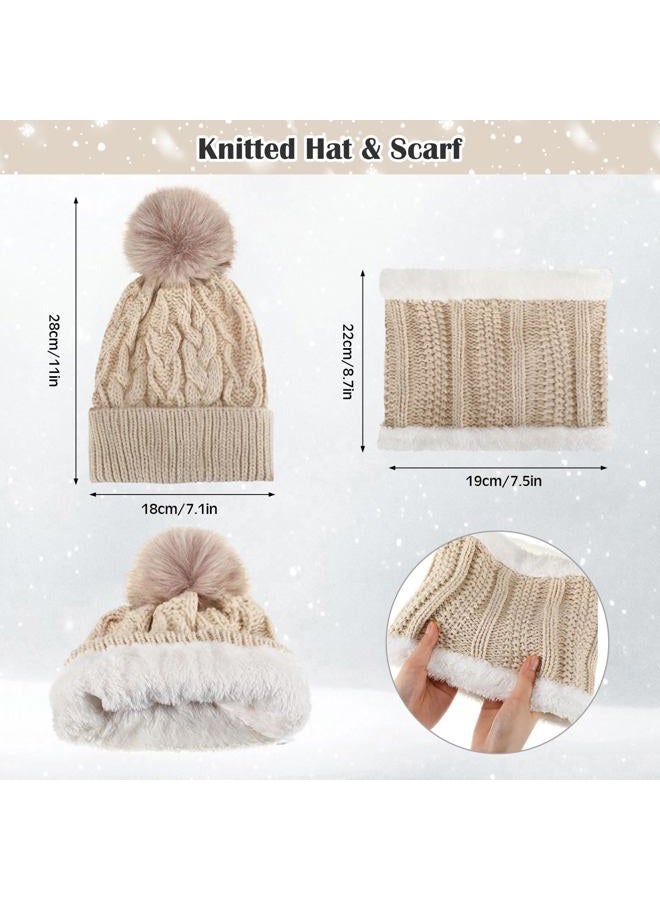 Satinior 5 Pcs Winter Hat Scarf Gloves Set Knit Beanie Pompom Hat Warm Touch Screen Gloves Earmuff Warmer Stocking for Women(Beige,Vivid Style) - Image 2