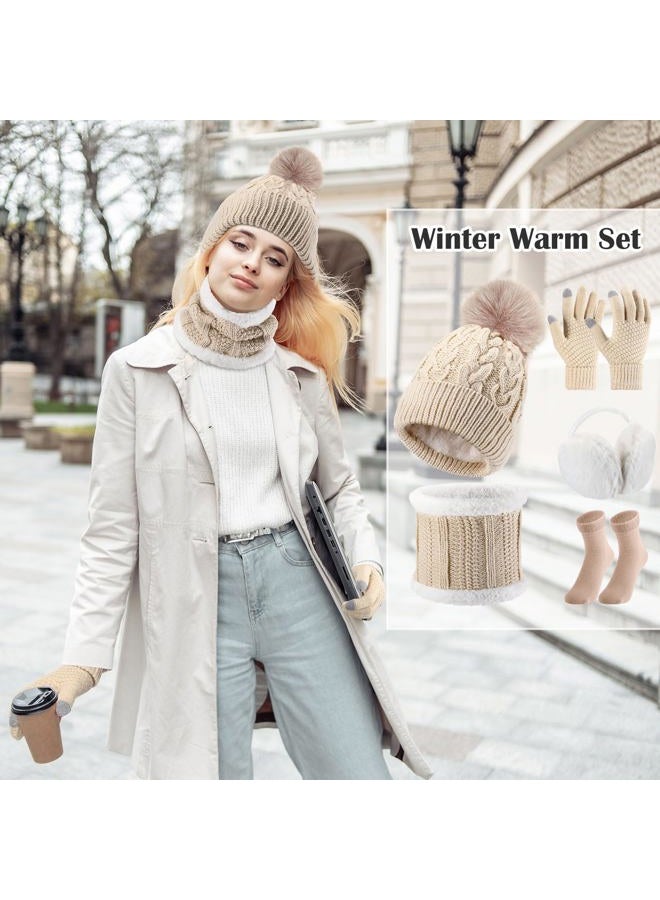 Satinior 5 Pcs Winter Hat Scarf Gloves Set Knit Beanie Pompom Hat Warm Touch Screen Gloves Earmuff Warmer Stocking for Women(Beige,Vivid Style) - Image 3