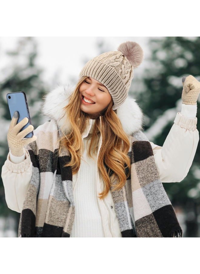 Satinior 5 Pcs Winter Hat Scarf Gloves Set Knit Beanie Pompom Hat Warm Touch Screen Gloves Earmuff Warmer Stocking for Women(Beige,Vivid Style) - Image 4