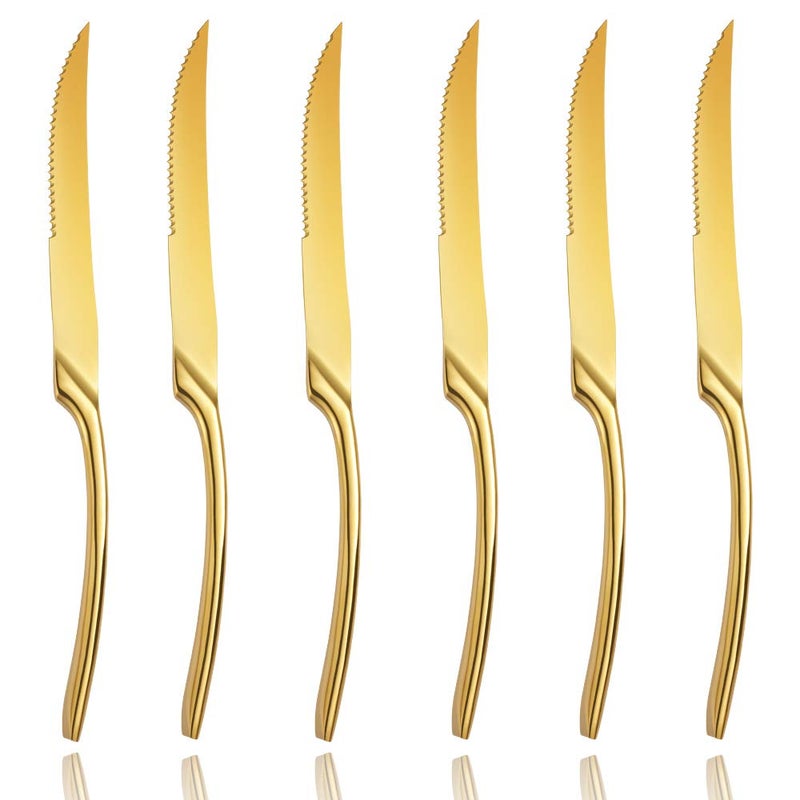 Lemeya Lemeya Stainless Steel Gold Steak Knives Set of 6,Forge Steak Knife,Serrated Steak Knives Set,6 Piece Heavy Steak Knives-10 inch,Mirror Polished,Dishwasher Safe  - Image 1