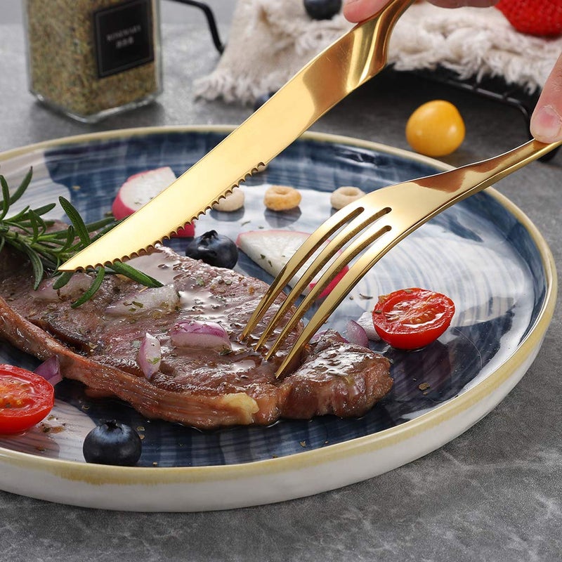 Lemeya Lemeya Stainless Steel Gold Steak Knives Set of 6,Forge Steak Knife,Serrated Steak Knives Set,6 Piece Heavy Steak Knives-10 inch,Mirror Polished,Dishwasher Safe  - Image 4