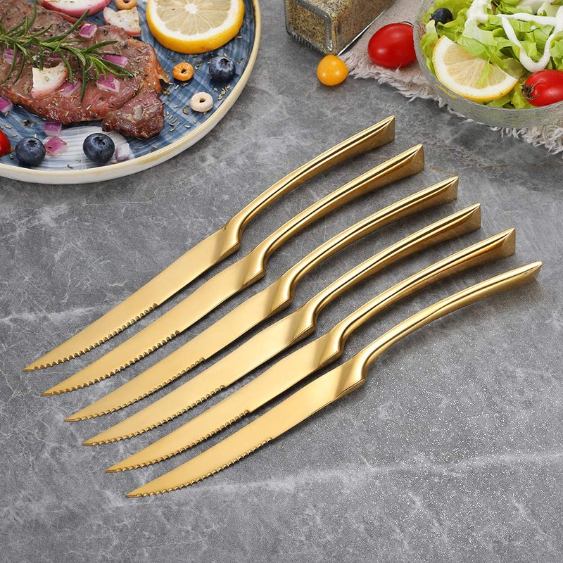 Lemeya Lemeya Stainless Steel Gold Steak Knives Set of 6,Forge Steak Knife,Serrated Steak Knives Set,6 Piece Heavy Steak Knives-10 inch,Mirror Polished,Dishwasher Safe  - Image 2