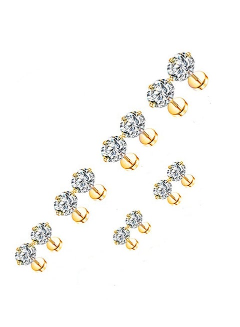 NOVOLAN Stud Earrings 6 Pairs Hoop Earrings Set Women Girls, Stainless Steel Piercing Jewelry 6 Size AAA Zircon With Round Cake Ear Stud Earrings 4-Claw Grab Zircon Ear Bone Stud (Gold)