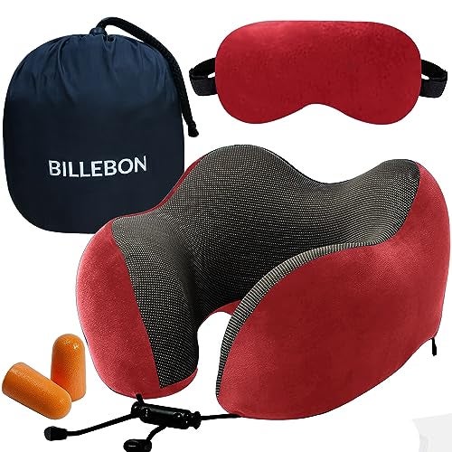 Billebon Premium Memory Foam Travel Neck Pillow Combo with Soft Eye Mask, Carry Bag, and Ear Plugs (Red with Eye Mask) - Image 1