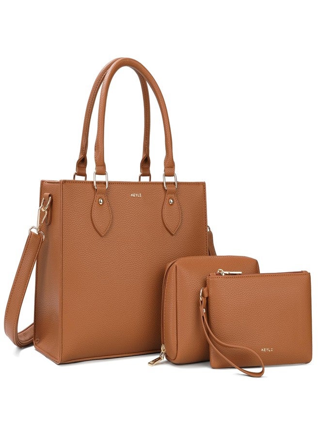 Keyli 3PCS Tote Bag for Women Trendy lightweight crossbody shoulder bags waterproof leather Handbags Satchel for Working, Travel and Shopping Brown - Image 1