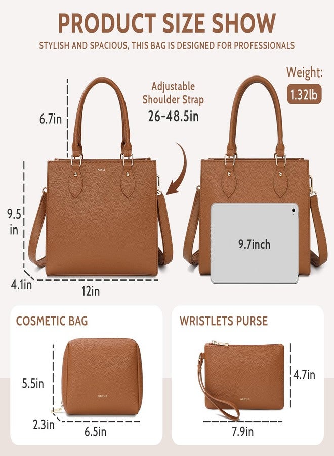 Keyli 3PCS Tote Bag for Women Trendy lightweight crossbody shoulder bags waterproof leather Handbags Satchel for Working, Travel and Shopping Brown - Image 2