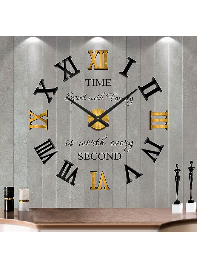 Raxoom Large 3D DIY Wall Clock Roman Numerals Clock Frameless Mirror Surface Wall Sticker Home Decor for Living Room Bedroom (Black Gold) - Image 1