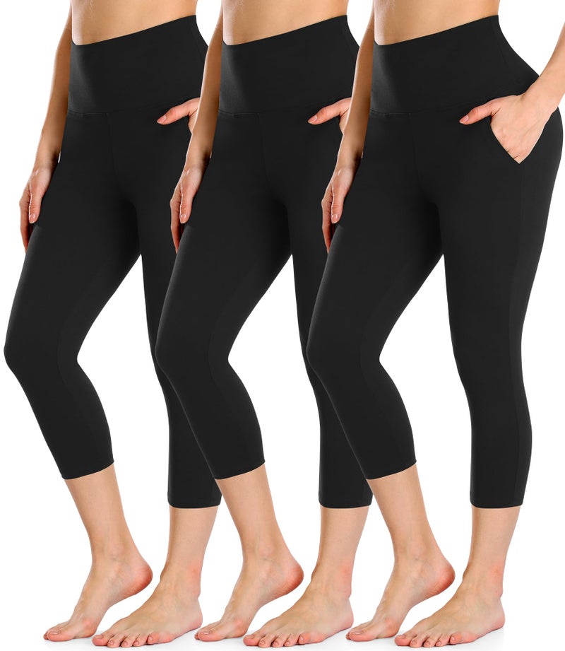 FULLSOFT 3 Pack Black Capri Leggings with Pockets for Women High Waisted Tummy Control Capris Workout Clothes for Women Gym Running Yoga Pants Summer Shorts Tights(Black(with Pockets),Large-X-Large) - Image 1