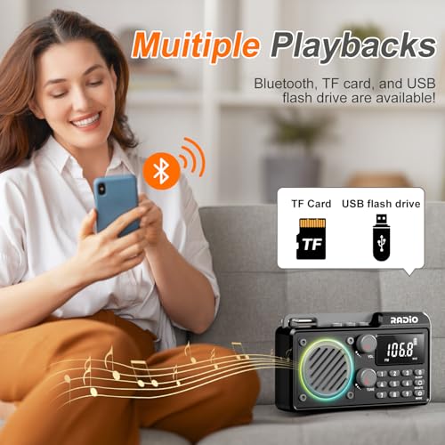 kamapulo Portable Radio AM FM 1500mAh Rechargeable with Best Reception, Transistor shortwave Radio Wireless Bluetooth Speaker, with Large LCD Screen, Support TF Card U Disk, Earphone, Sleep Timer (Black) - Image 3