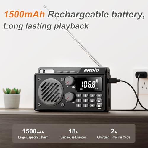 kamapulo Portable Radio AM FM 1500mAh Rechargeable with Best Reception, Transistor shortwave Radio Wireless Bluetooth Speaker, with Large LCD Screen, Support TF Card U Disk, Earphone, Sleep Timer (Black) - Image 2