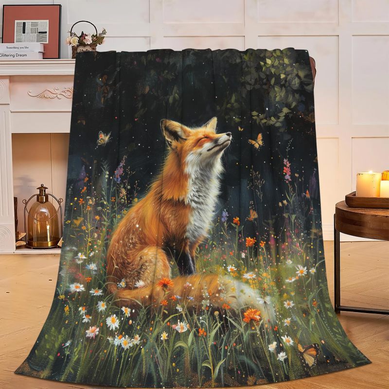 بطانية ثعلب 50 × 60 بوصة خضراء من الفلانيل الفليس فائق النعومة - بطانية تغطية مطبوعة بزهور الثعلب ومقاومة للتلون للمنزل والديوان والسرير والسفر والتخييم لجميع الأعمار - Image 1